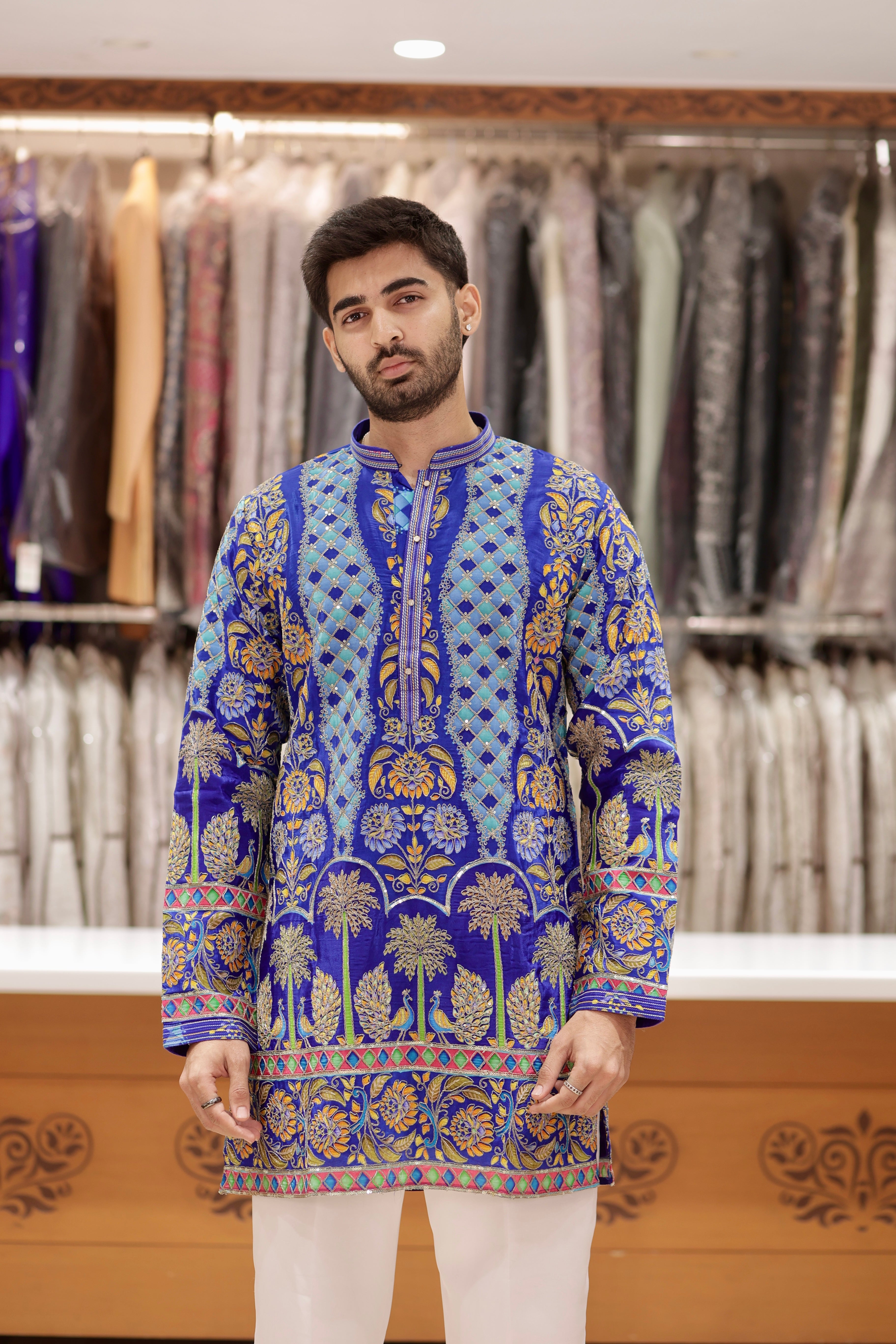 Navy Blue Embroidered Kurta for Men