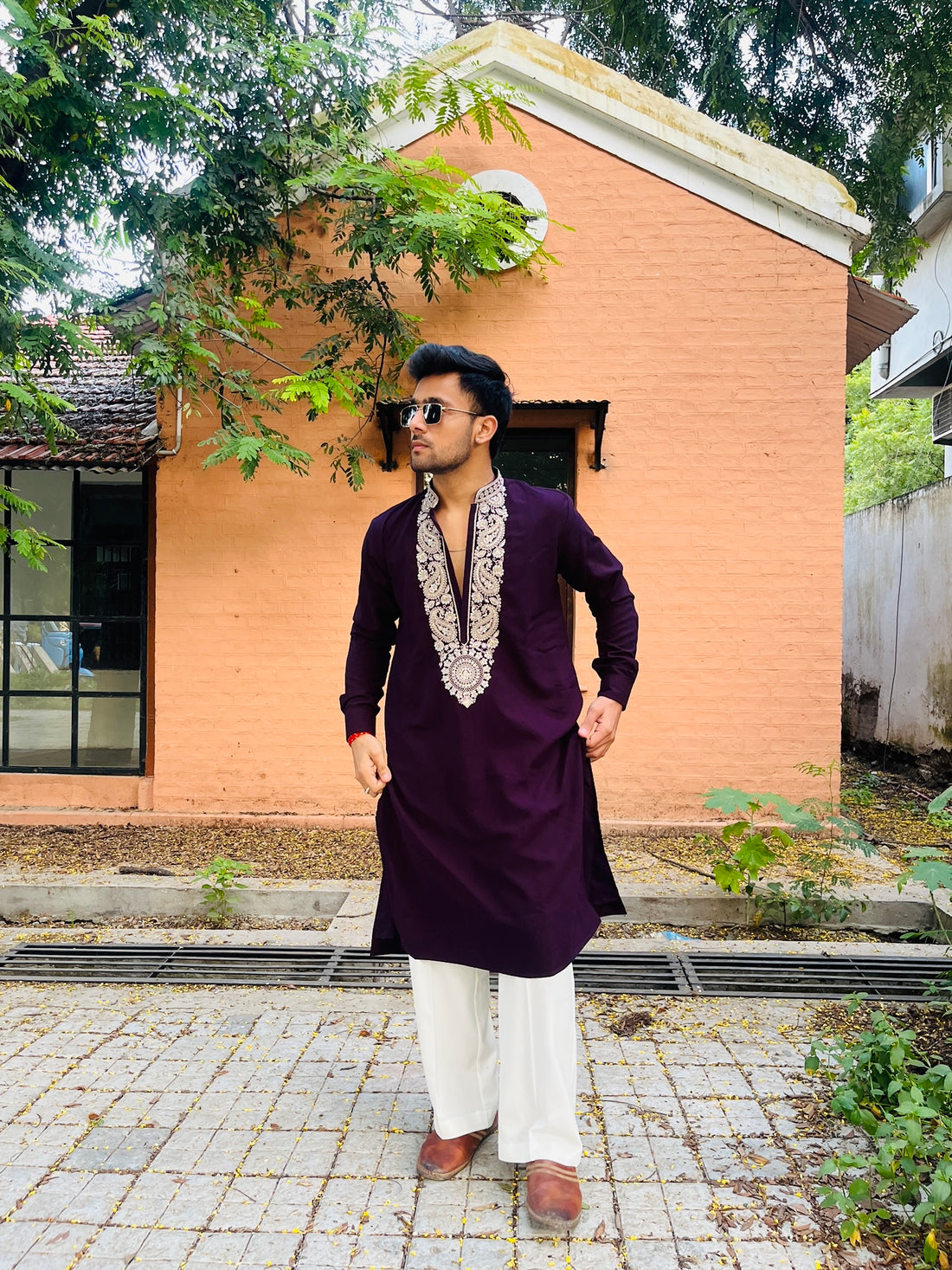 Wine Embroidered Kurta Set for Men – Elegant Festive & Wedding Wear
