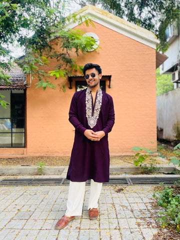 Wine Embroidered Kurta Set for Men – Elegant Festive & Wedding Wear