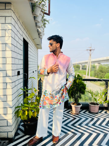 Pastel Pink & Cream Embroidered Kurta Set for Men – Festive & Wedding Collection