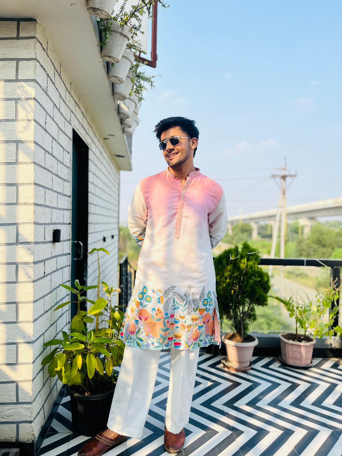 Pastel Pink & Cream Embroidered Kurta Set for Men – Festive & Wedding Collection