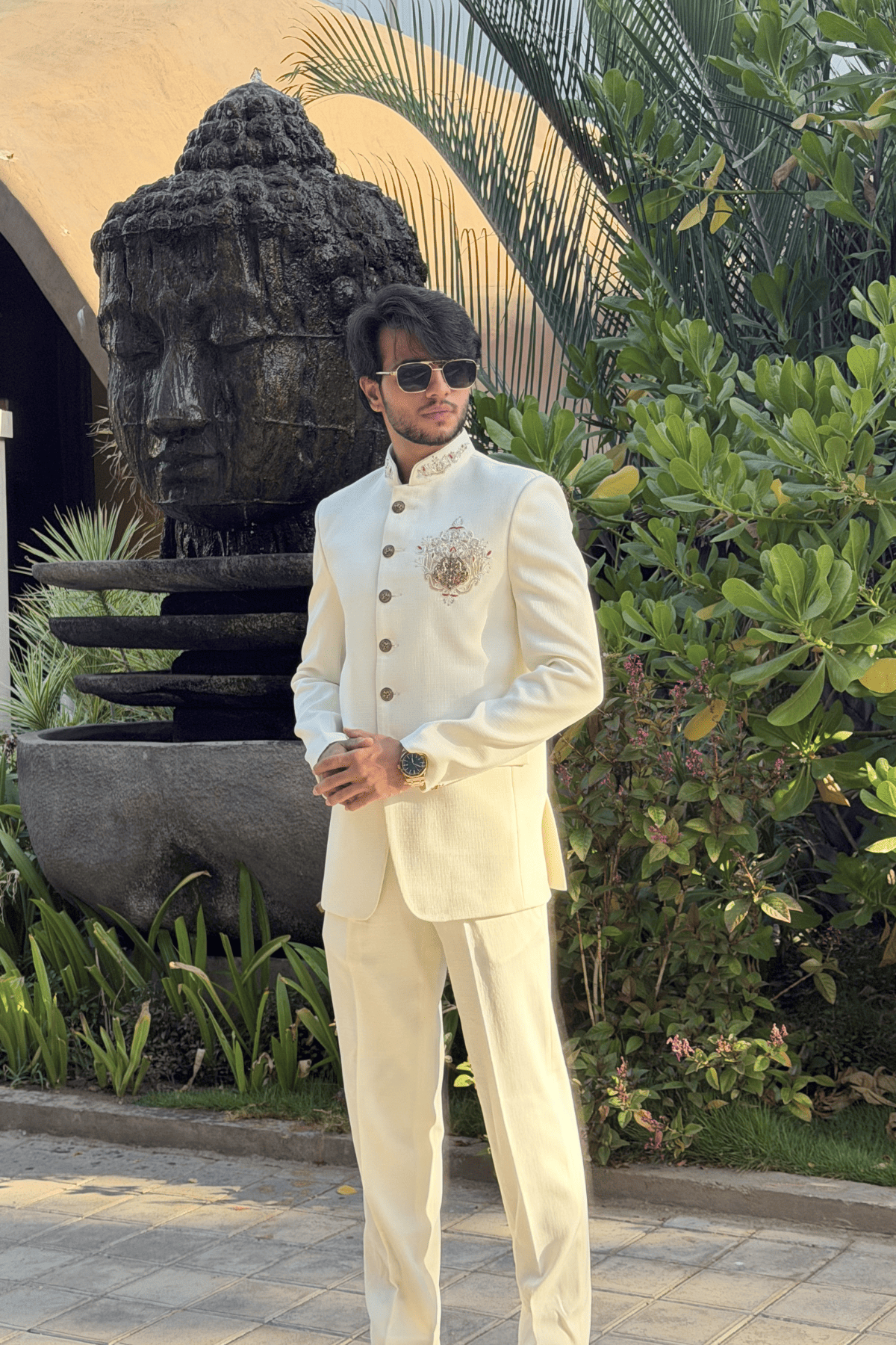 Ivory Hand-Embroidered Jodhpuri Suit with Brass Horse Brooch-Bandhgala Wedding Wear