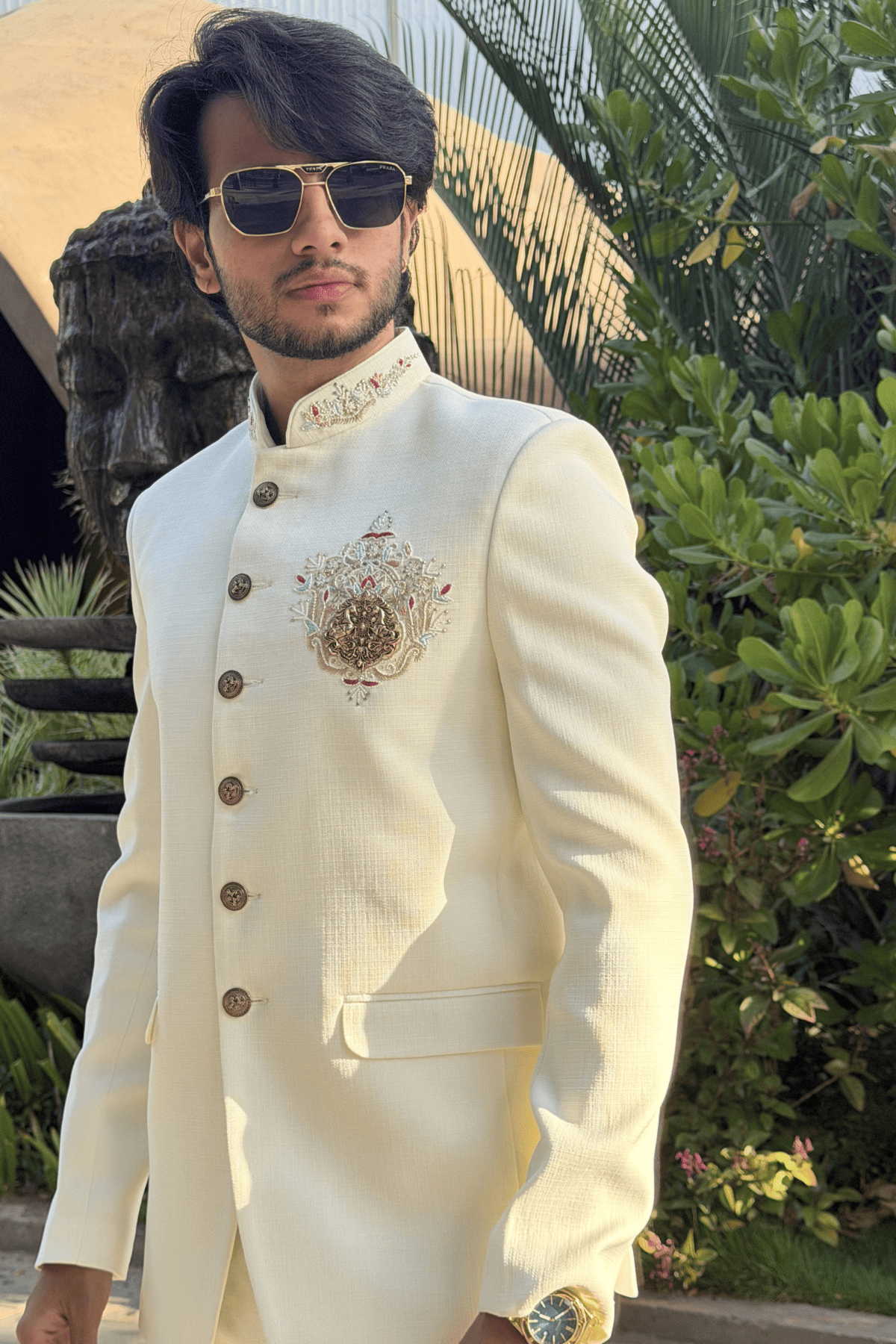 Ivory Hand-Embroidered Jodhpuri Suit with Brass Horse Brooch-Bandhgala Wedding Wear