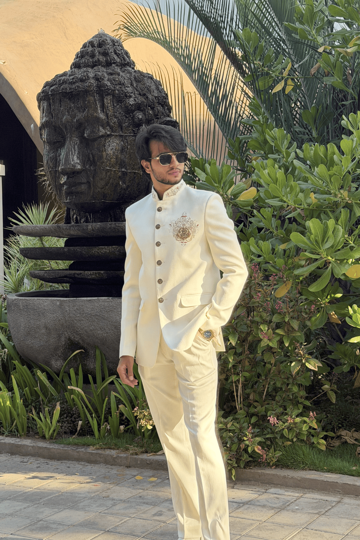 Ivory Hand-Embroidered Jodhpuri Suit with Brass Horse Brooch-Bandhgala Wedding Wear