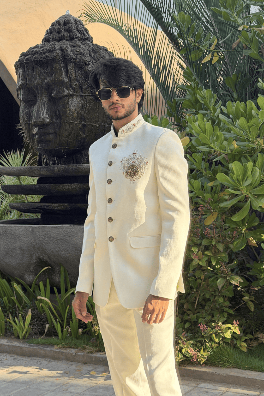 Ivory Hand-Embroidered Jodhpuri Suit with Brass Horse Brooch-Bandhgala Wedding Wear