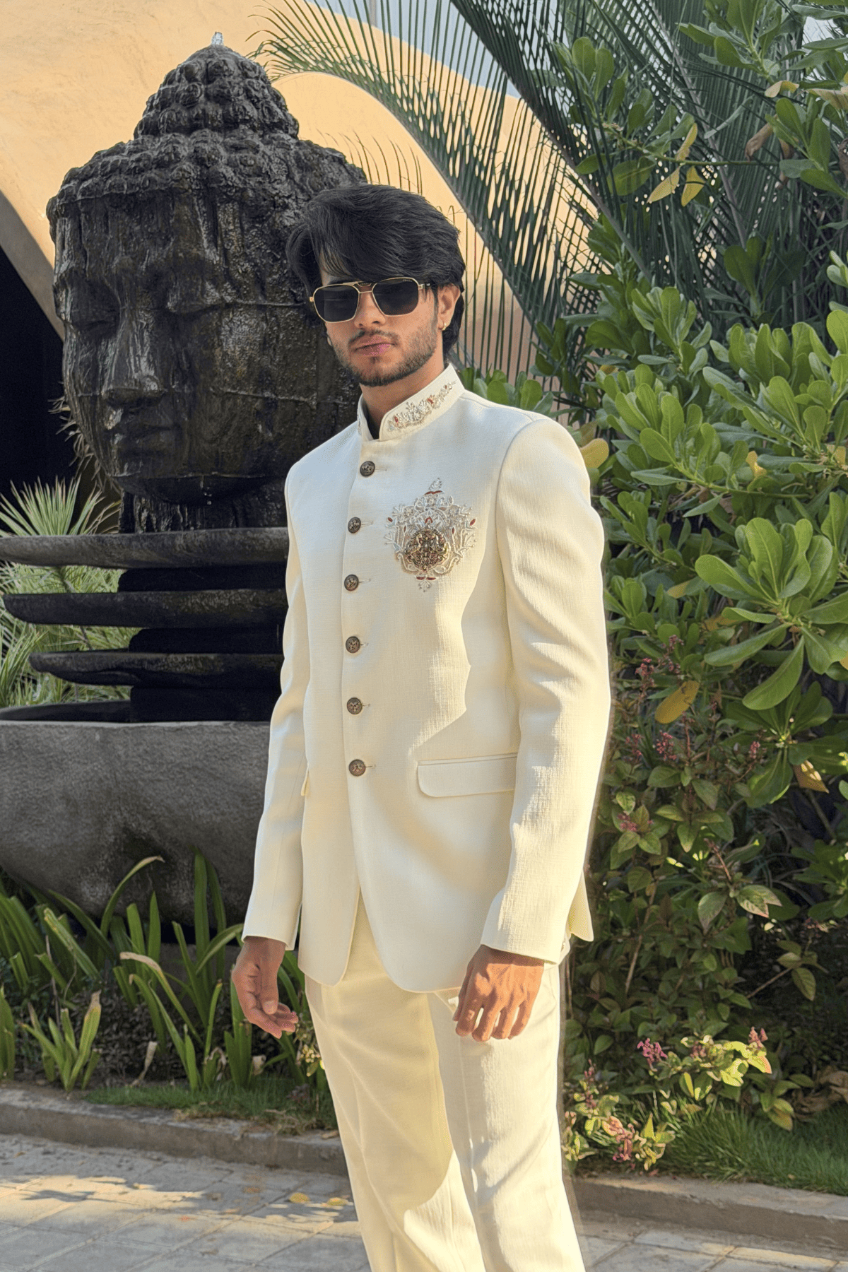 Ivory Hand-Embroidered Jodhpuri Suit with Brass Horse Brooch-Bandhgala Wedding Wear