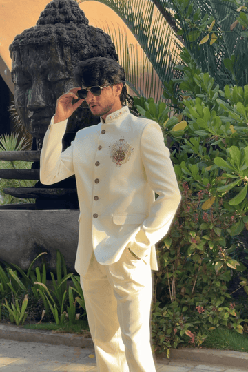 Ivory Hand-Embroidered Jodhpuri Suit with Brass Horse Brooch-Bandhgala Wedding Wear