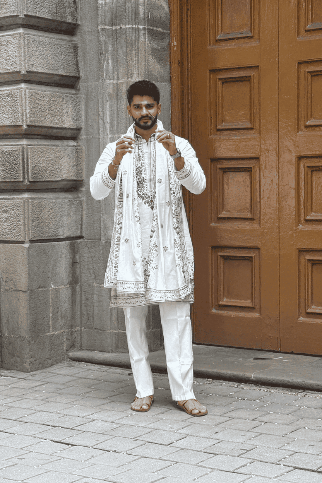 Ivory Embroidered Kurta Pyjama For Men with Heritage Dupatta (Luxury Korean Pants) F2-1020
