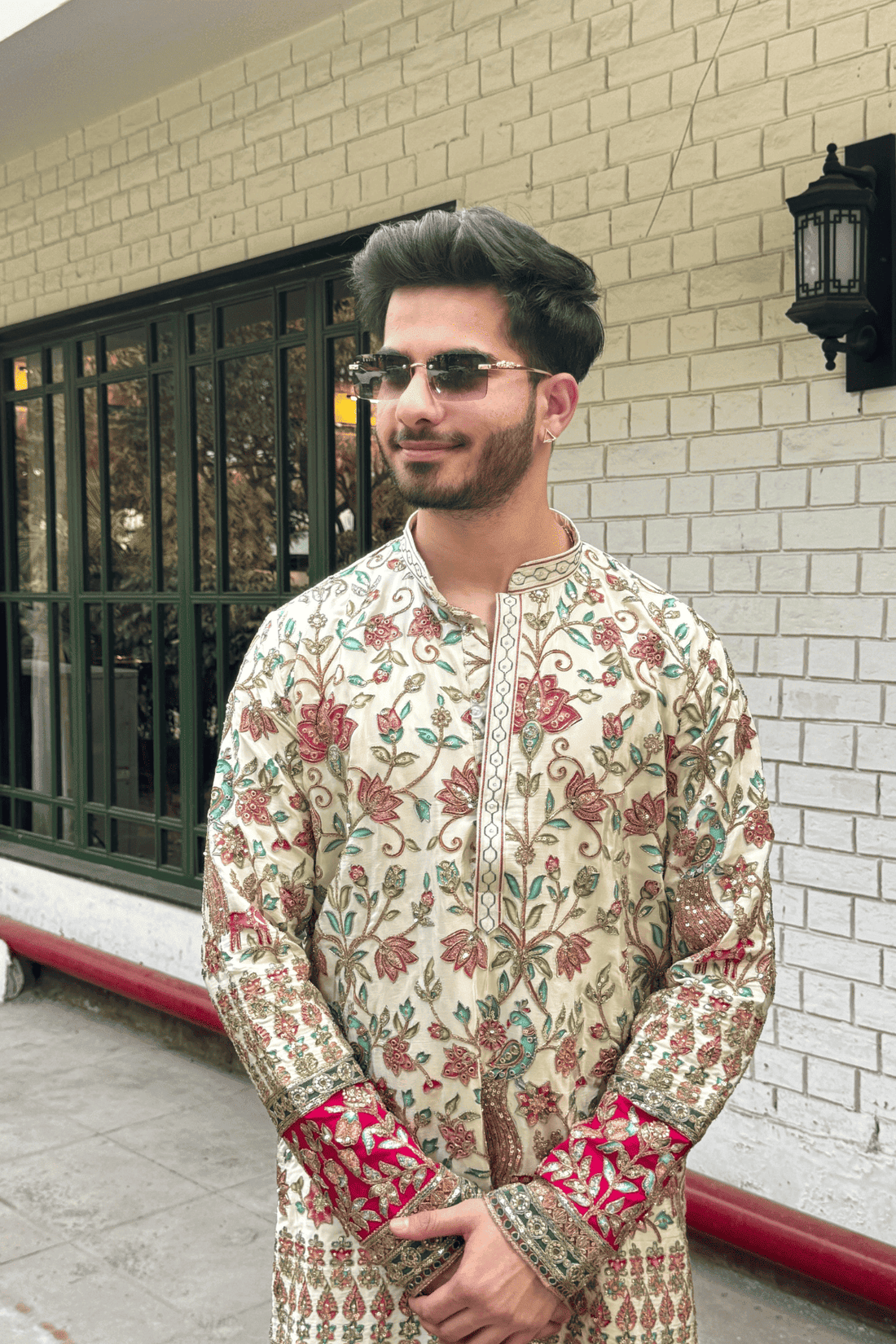 Ivory Multicolor Floral Embroidered Designer Kurta For Men (Luxury Korean Pants) F2-1069