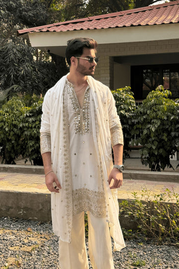 Ivory V-Neck Mirror Work Wedding Kurta Set For Men With Stole (Luxury Korean Pants) F2-1070