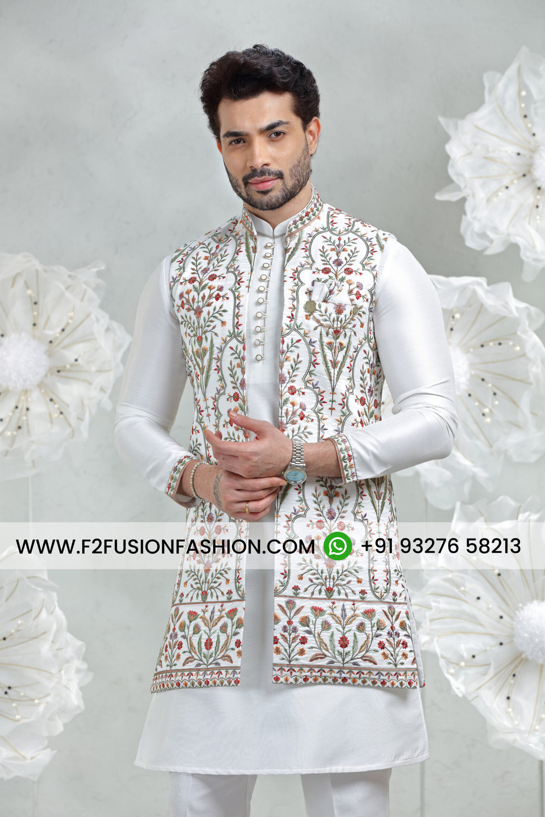 White Soft Silk Kurta Pajama with Multi-Embroidered Jacket