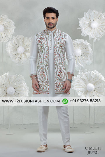 White Soft Silk Kurta Pajama with Multi-Embroidered Jacket