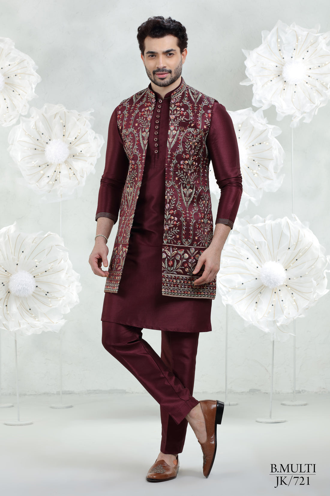 Maroon Soft Silk Kurta Pajama with Embroidered Jacket