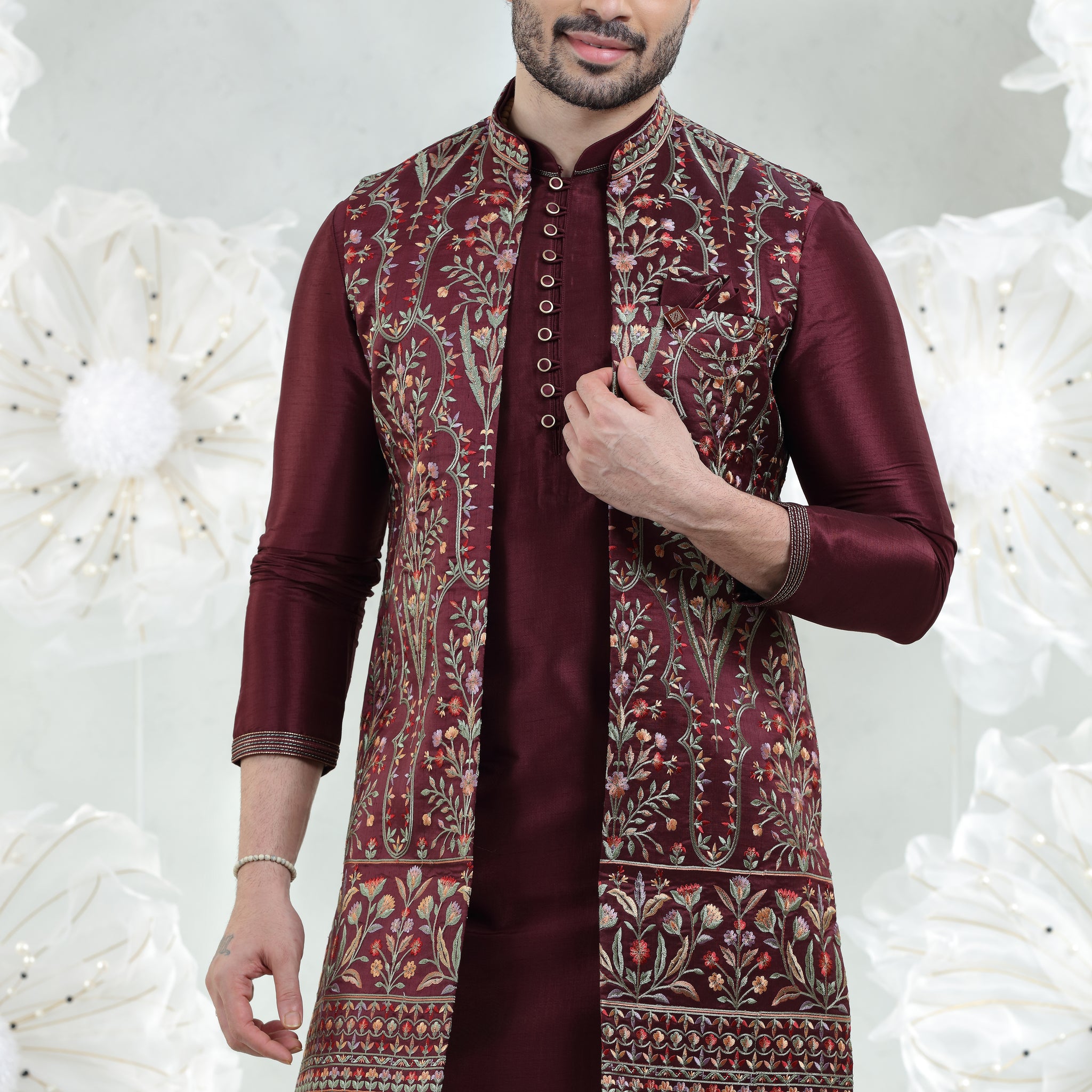 Maroon Soft Silk Kurta Pajama with Embroidered Jacket