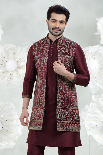 Maroon Soft Silk Kurta Pajama with Embroidered Jacket