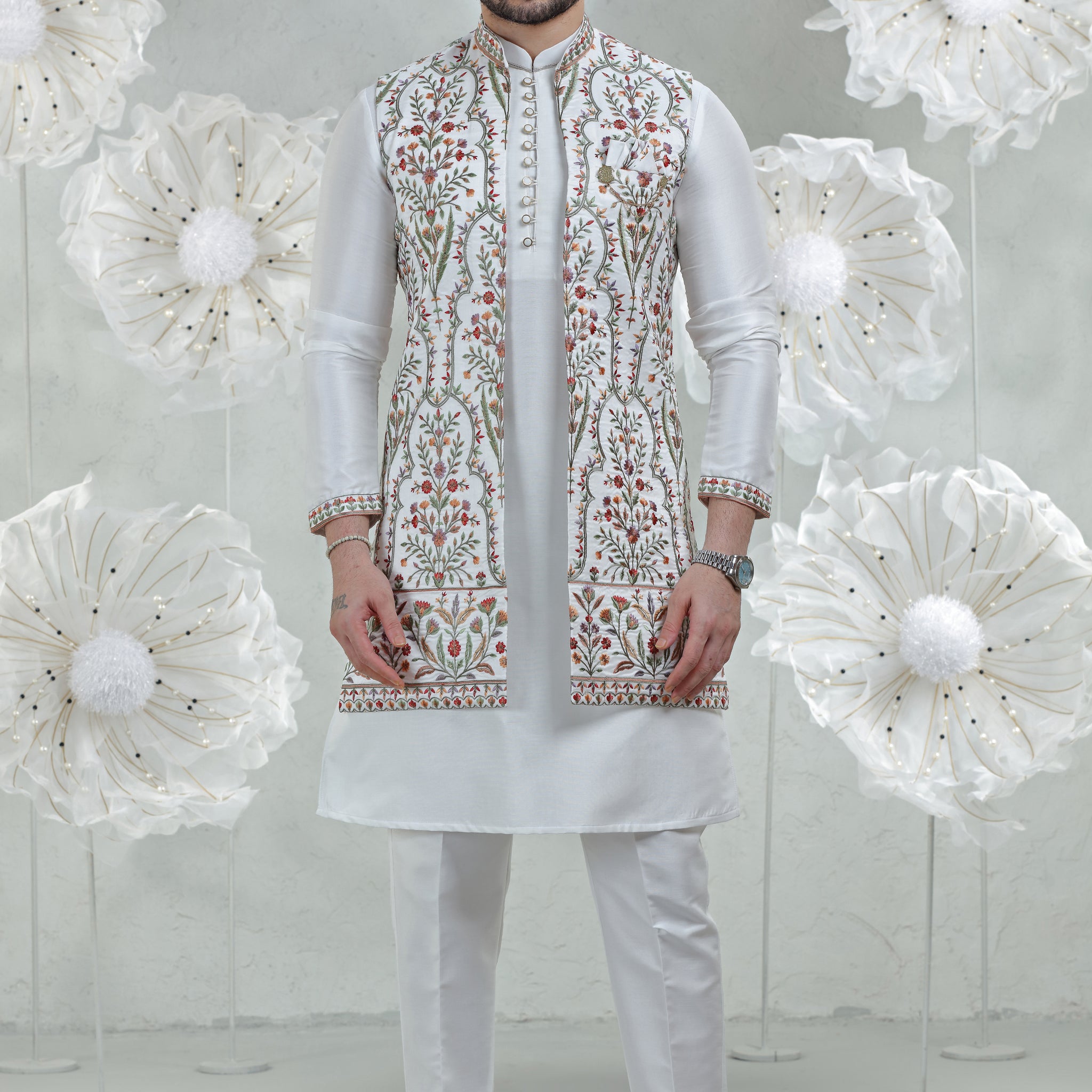 White Soft Silk Kurta Pajama with Multi-Embroidered Jacket