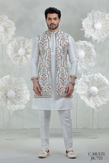 White Soft Silk Kurta Pajama with Multi-Embroidered Jacket