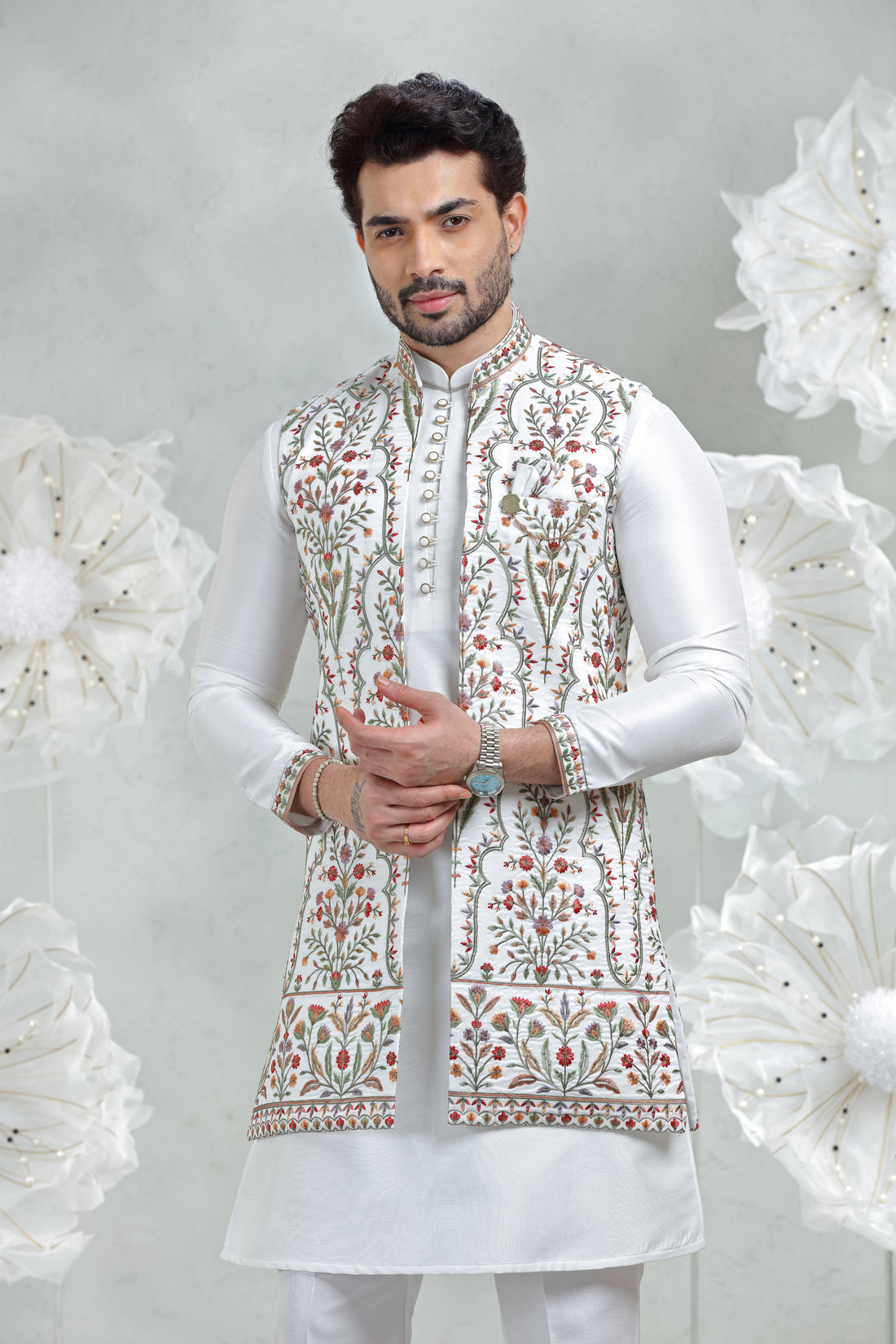 White Soft Silk Kurta Pajama with Multi-Embroidered Jacket