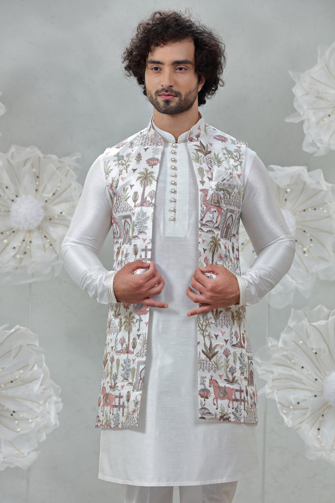 Cream Soft Silk Kurta Pajama with Multi-Embroidered Jacket