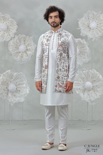 Cream Soft Silk Kurta Pajama with Multi-Embroidered Jacket