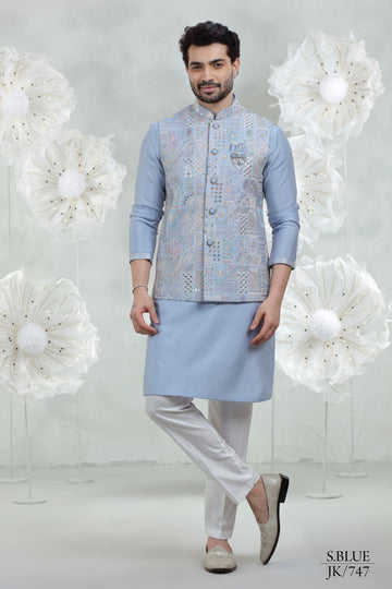 Sky Blue Soft Silk Kurta Pajama with Embroidered Coti Suit