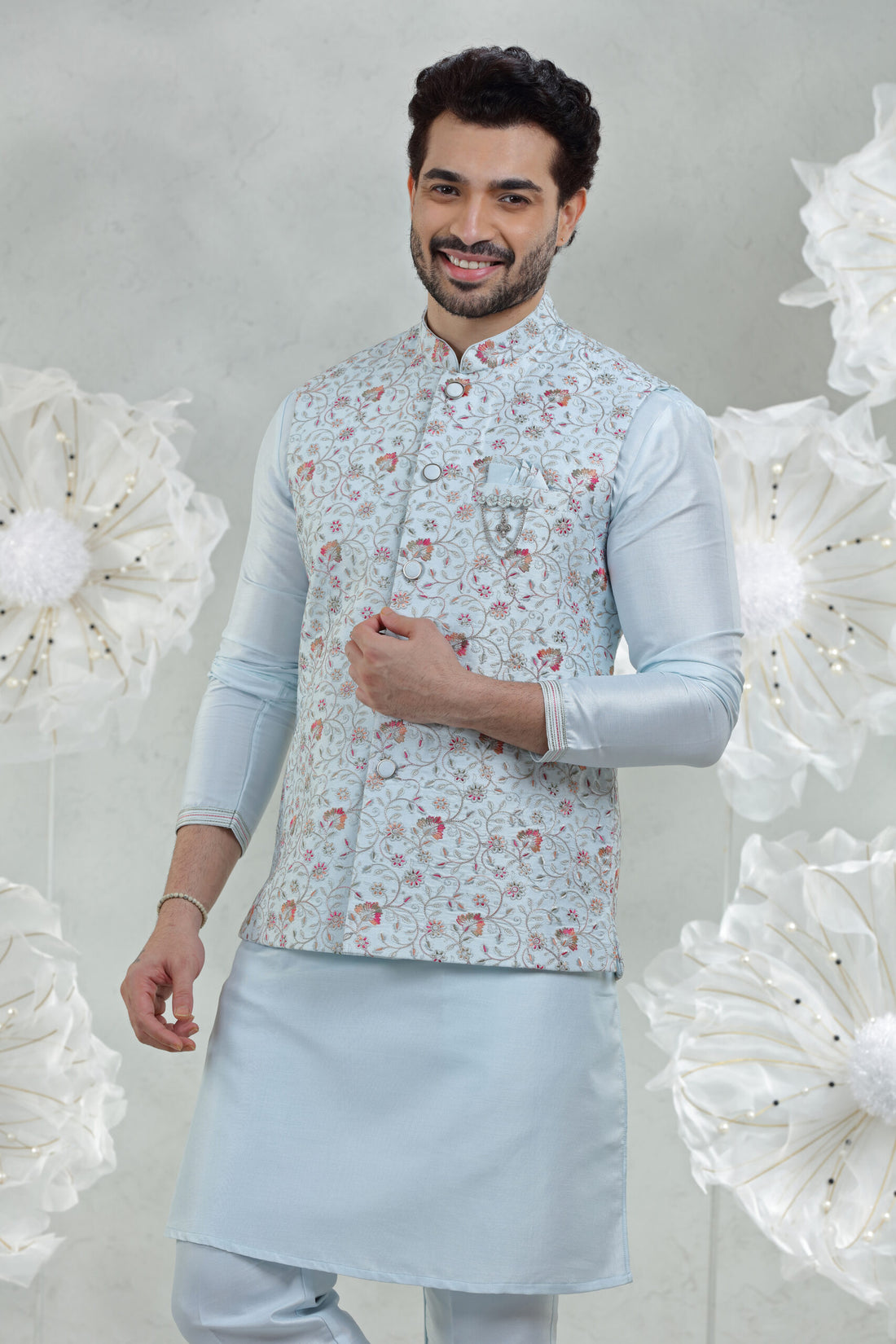 Firozi Soft Silk Kurta Pajama with Embroidered Coti Suit