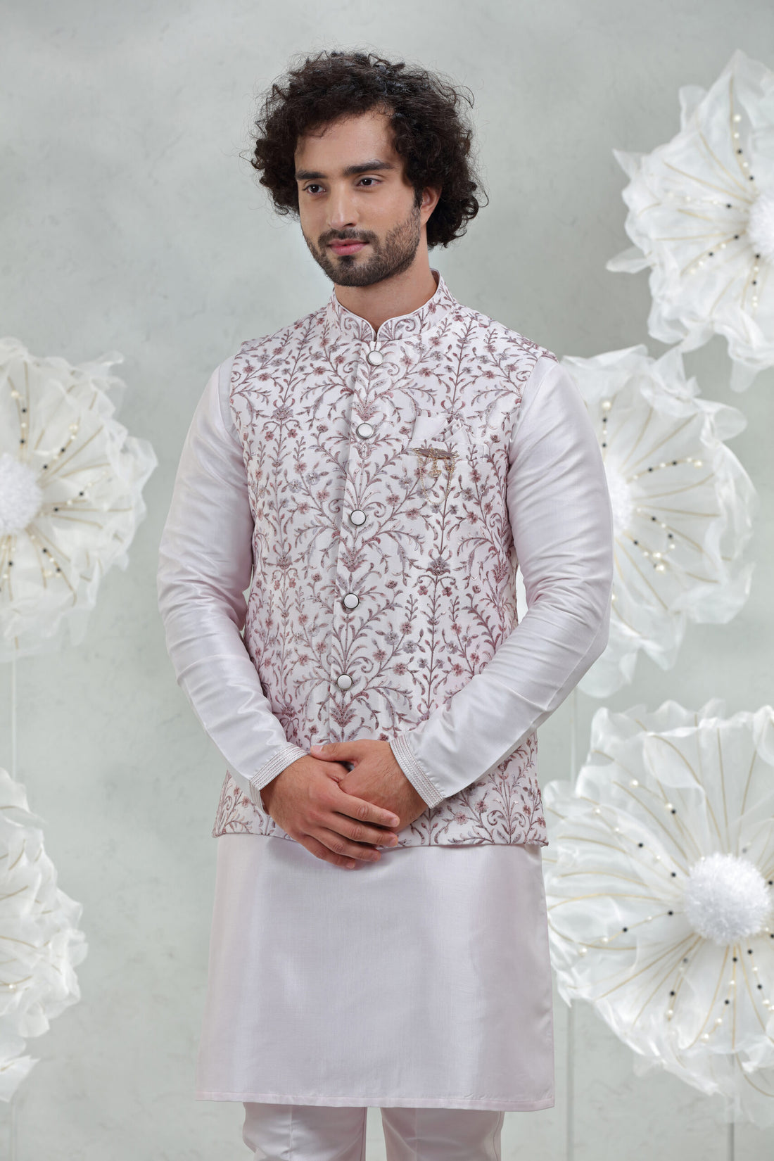 Baby Pink Soft Silk Kurta Pajama with Embroidered Coti Suit