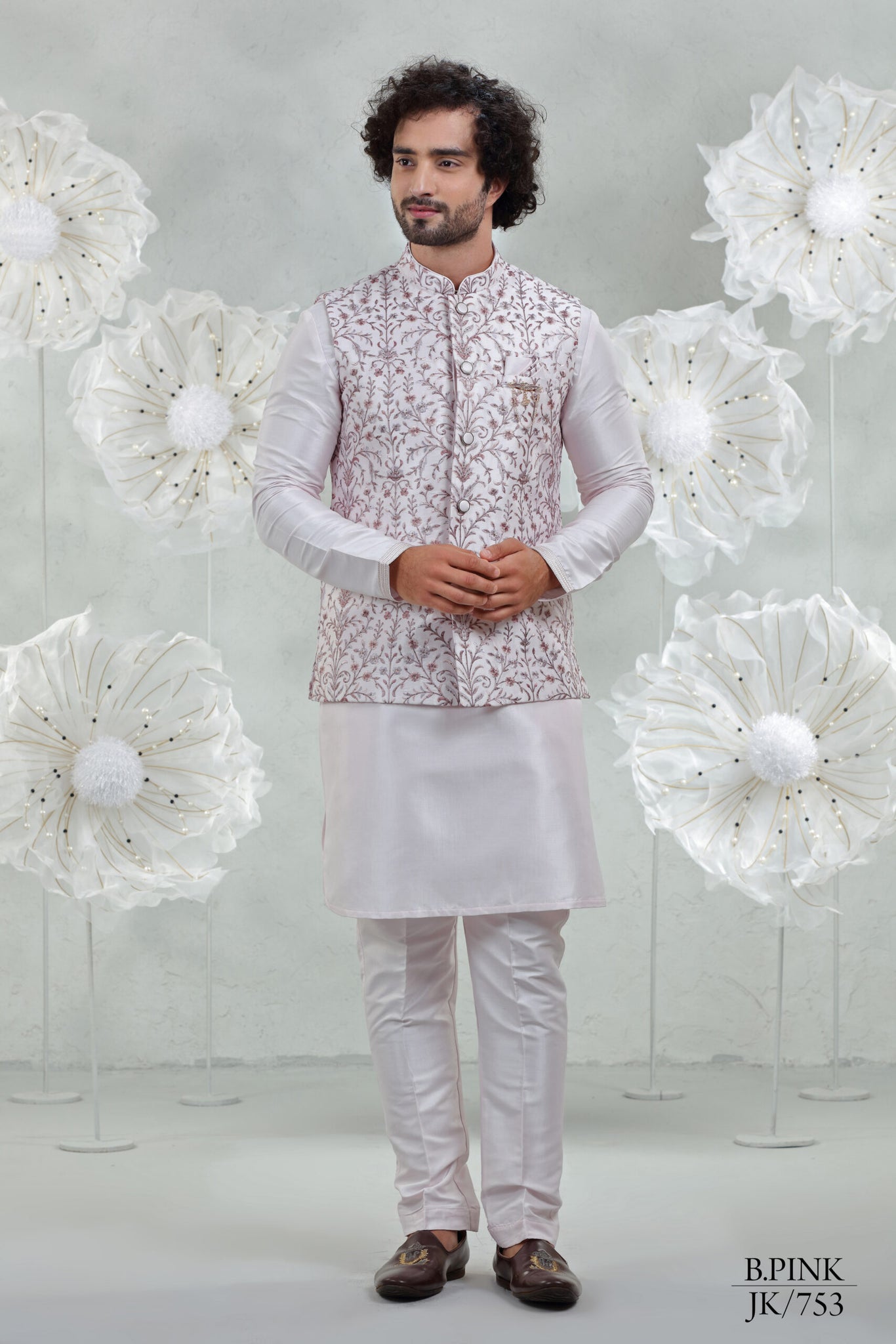 Baby Pink Soft Silk Kurta Pajama with Embroidered Coti Suit