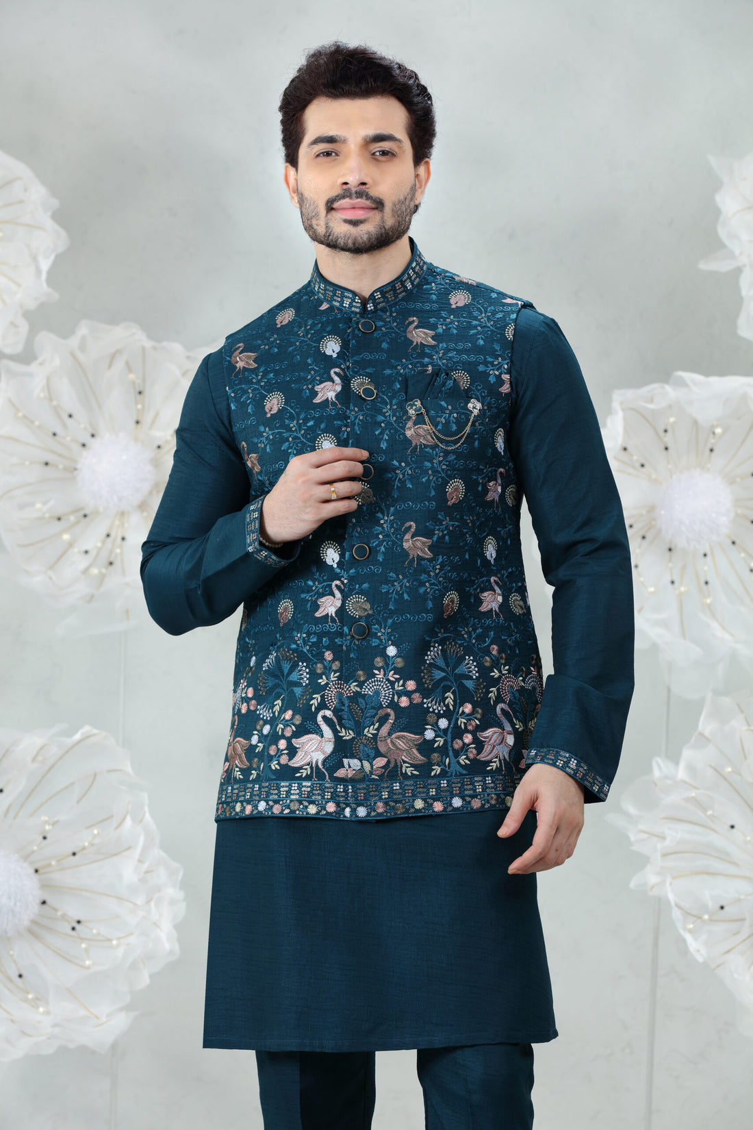 Rama Soft Silk Kurta Pajama with Embroidered Coti Suit