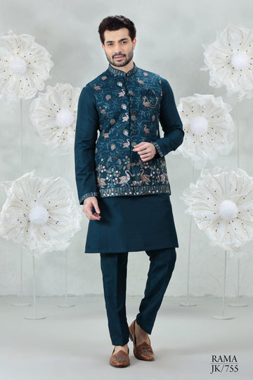 Rama Soft Silk Kurta Pajama with Embroidered Coti Suit