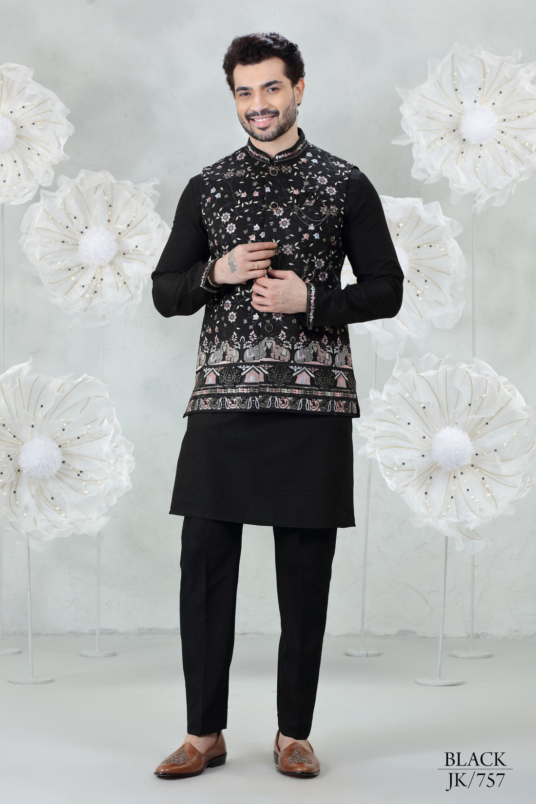 Black Soft Silk Kurta Pajama with Embroidered Coti Suit