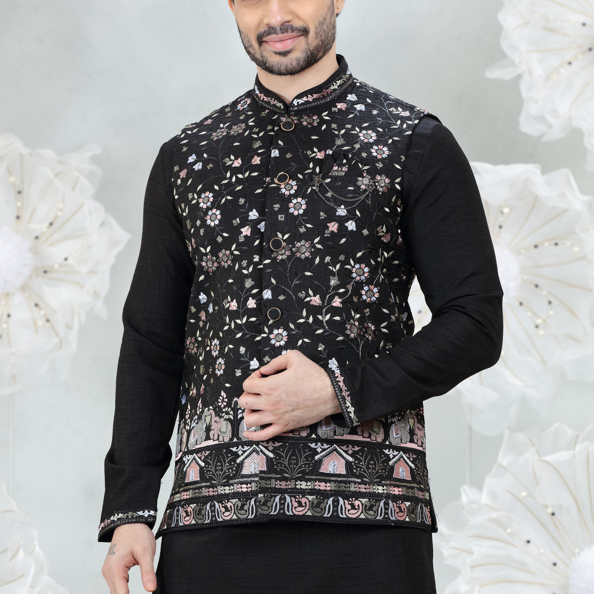 Black Soft Silk Kurta Pajama with Embroidered Coti Suit