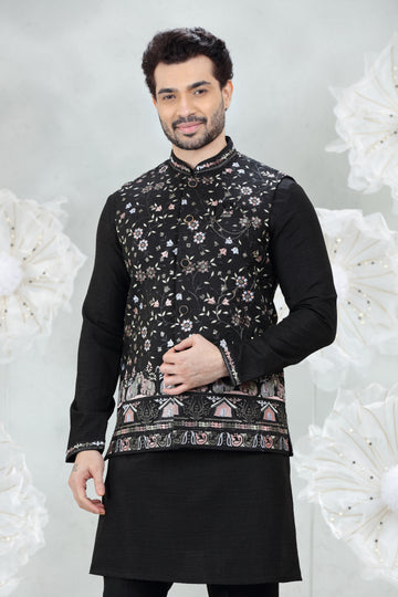 Black Soft Silk Kurta Pajama with Embroidered Coti Suit