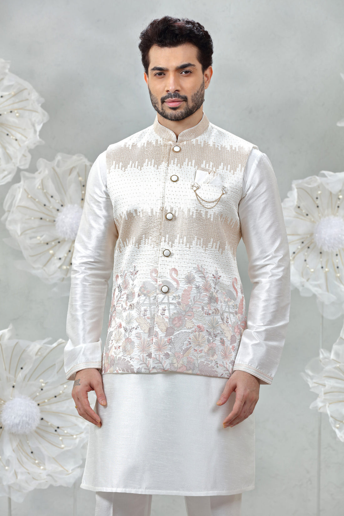 white Soft Silk Kurta Pajama with Embroidered Coti Suit