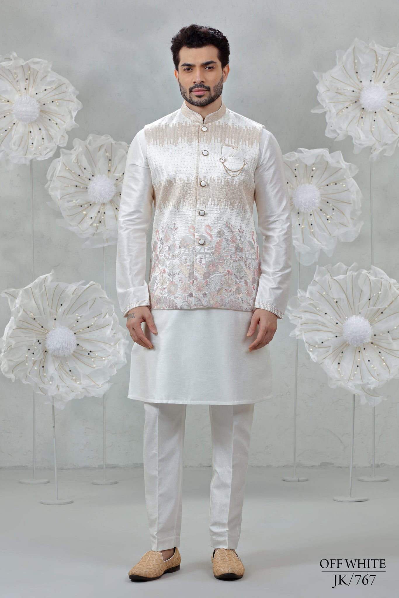 white Soft Silk Kurta Pajama with Embroidered Coti Suit