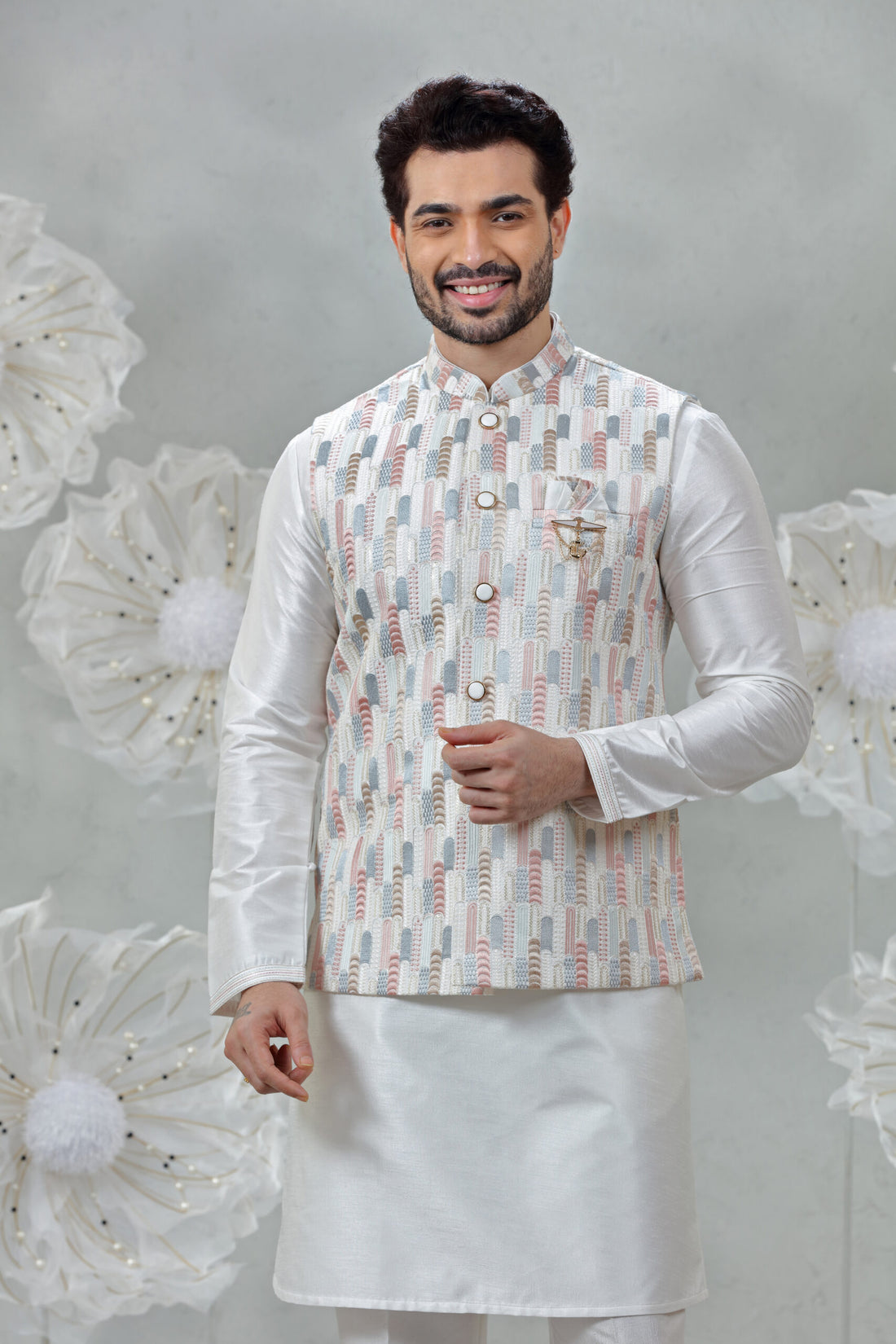 Cream Soft Silk Kurta Pajama with Embroidered Coti Suit