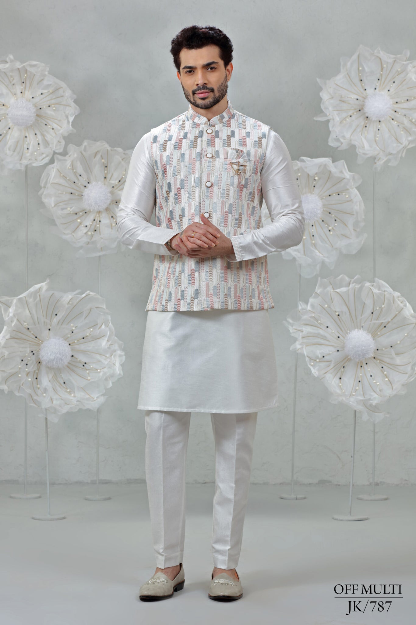 Cream Soft Silk Kurta Pajama with Embroidered Coti Suit