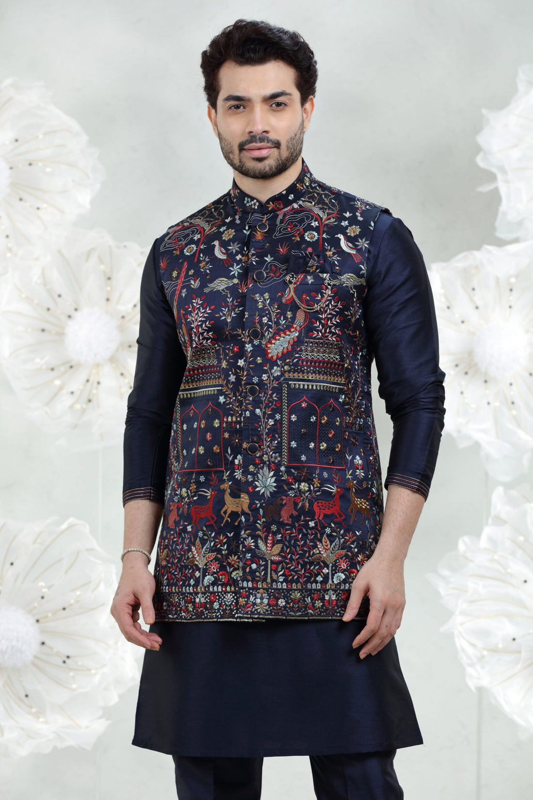 Navy blue Soft Silk Kurta Pajama with Embroidered Coti Suit