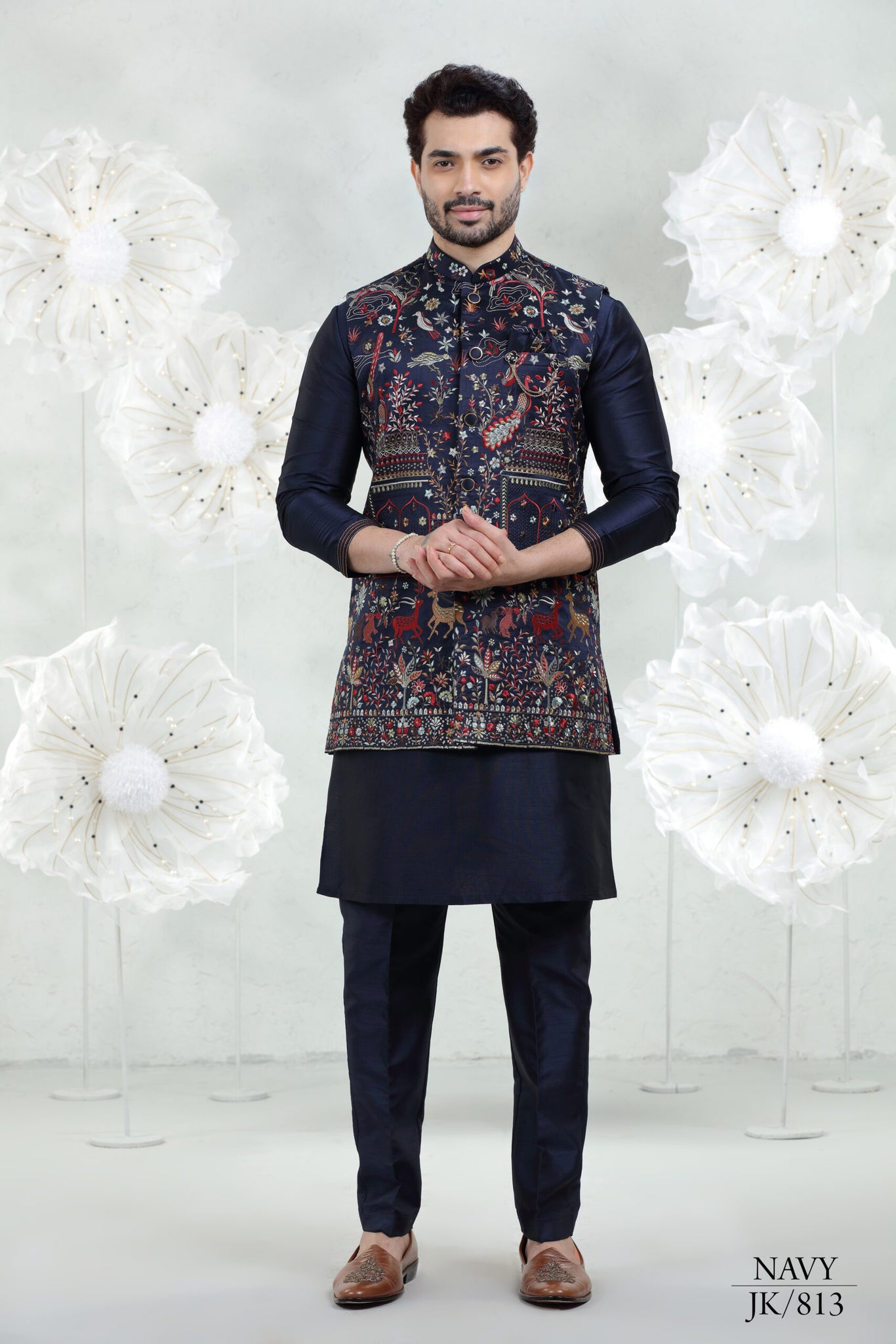 Navy blue Soft Silk Kurta Pajama with Embroidered Coti Suit