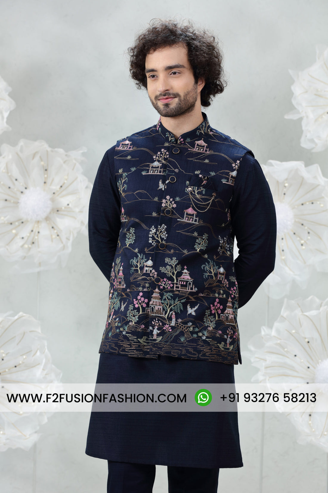 Navy Blue Soft Silk Kurta Pajama with Embroidered Coti Suit