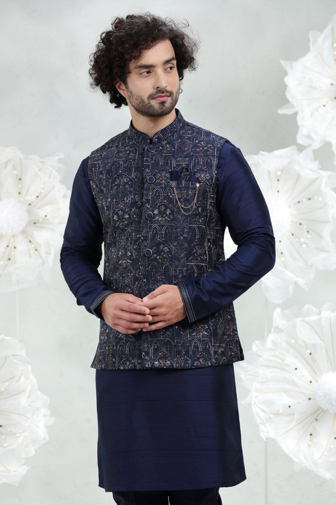 Navy Blue Soft Silk Kurta Pajama with Embroidered Coti Suit