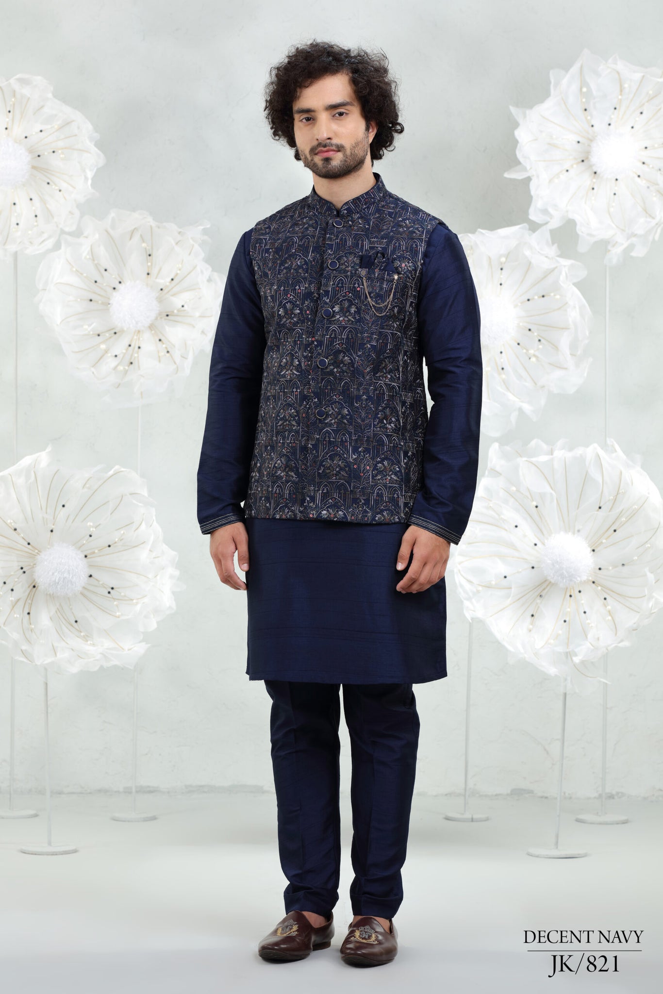 Navy Blue Soft Silk Kurta Pajama with Embroidered Coti Suit