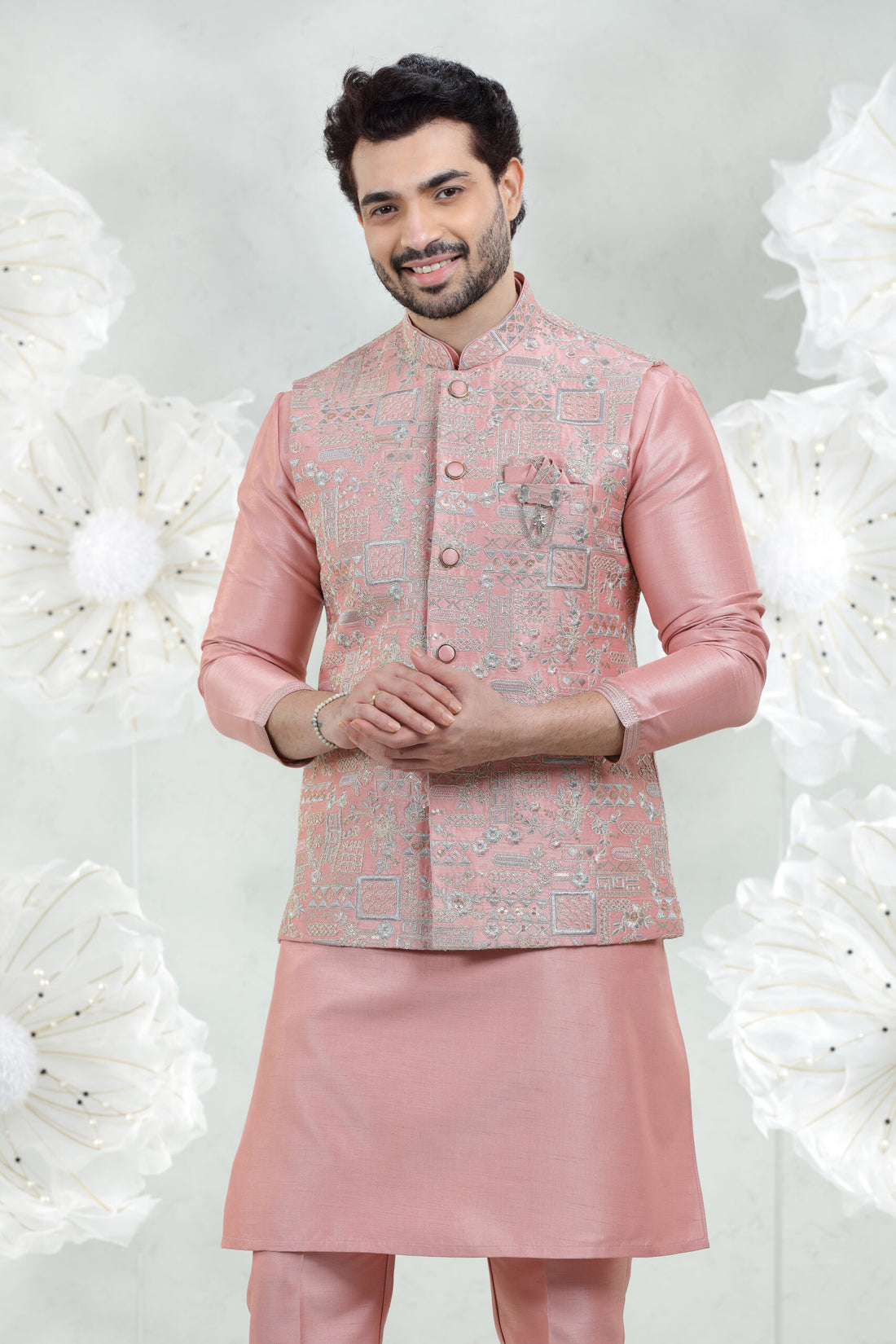 Pink Soft Silk Kurta Pajama with Embroidered Coti Suit