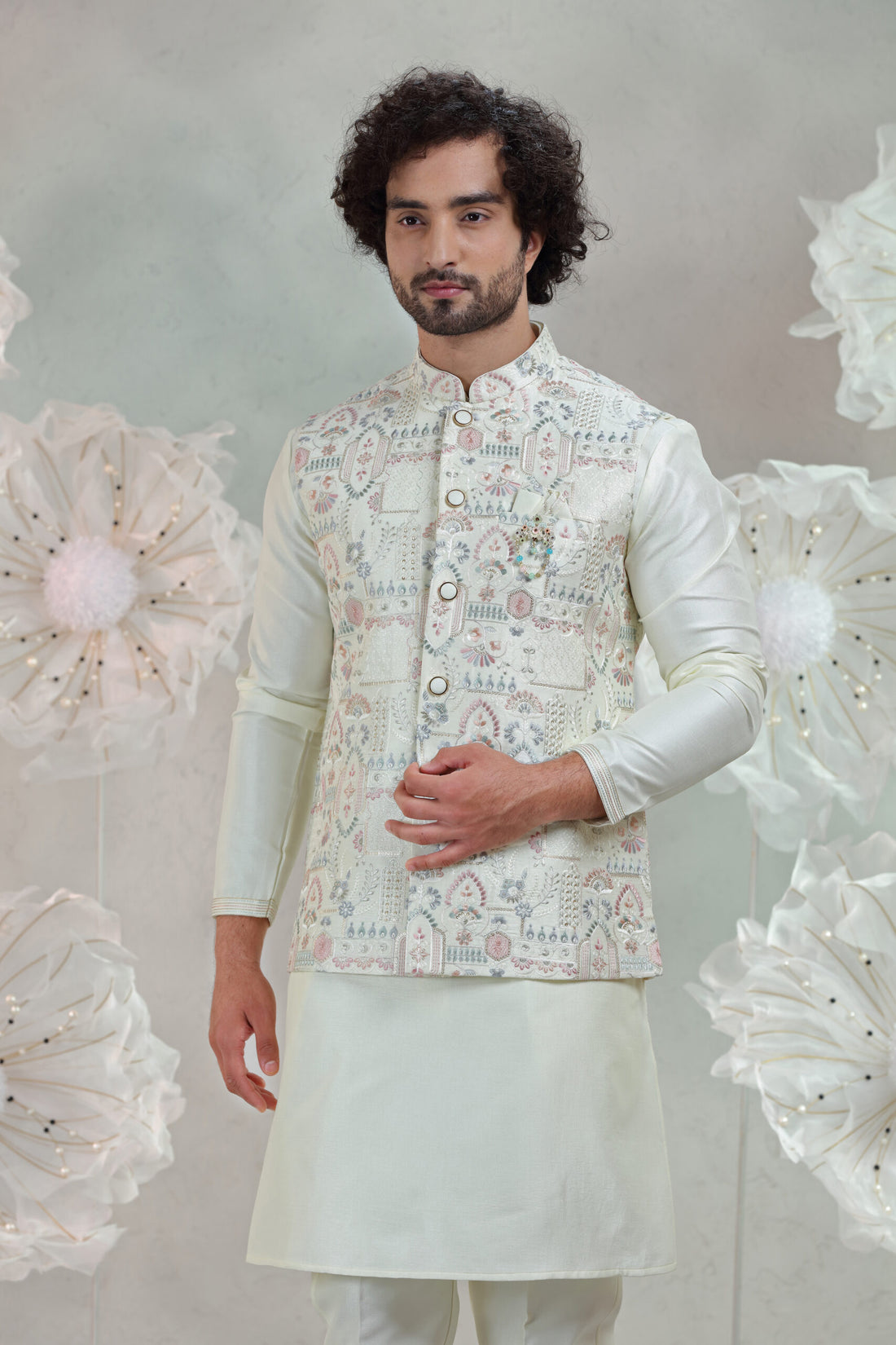 cream Soft Silk Kurta Pajama with Embroidered Coti Suit