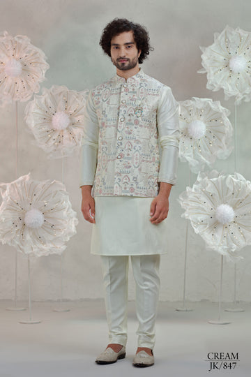 cream Soft Silk Kurta Pajama with Embroidered Coti Suit