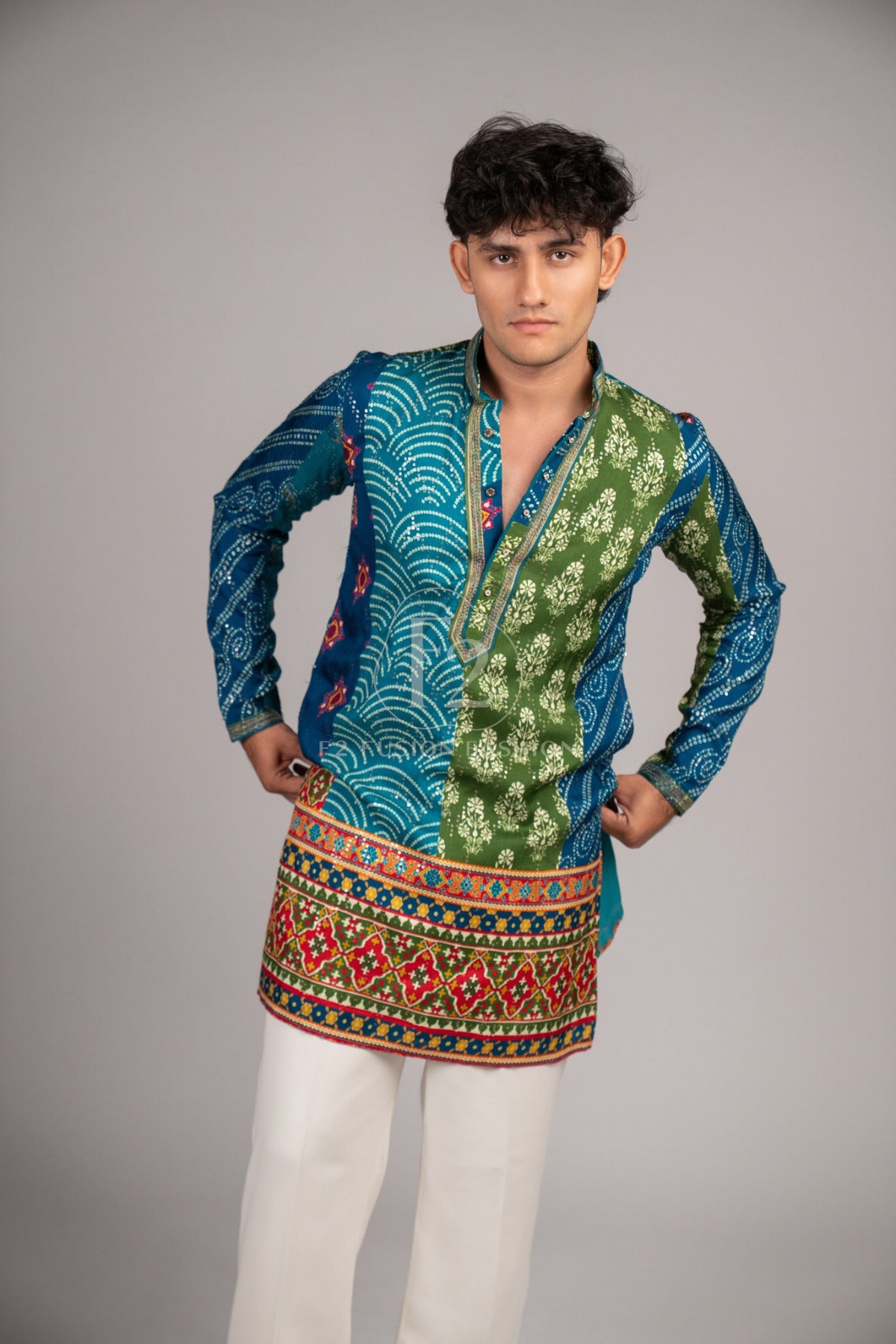 Men's Blue & Green Bandhej Printed Kurta Pyjama For Men (Luxury Korean Pants) F2 - 1110