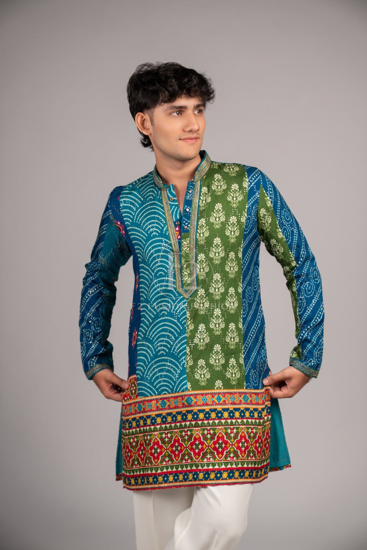 Men's Blue & Green Bandhej Printed Kurta Pyjama For Men (Luxury Korean Pants) F2 - 1110 1