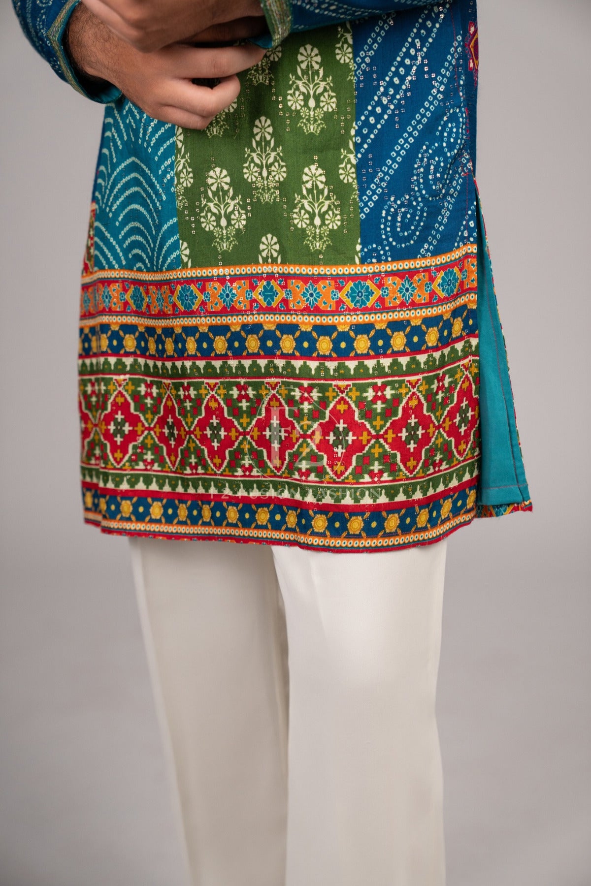 Men's Blue & Green Bandhej Printed Kurta Pyjama For Men (Luxury Korean Pants) F2 - 1110 2