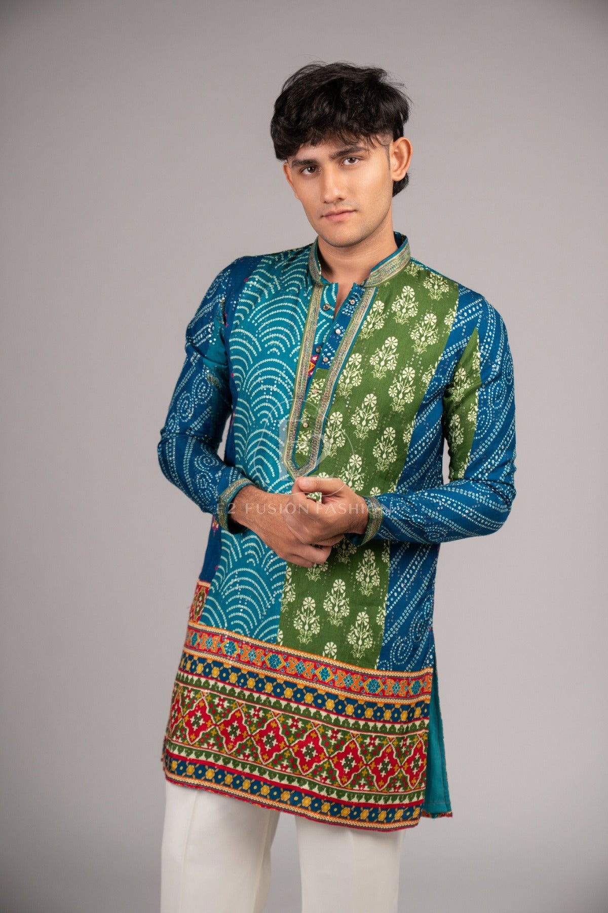 Men's Blue & Green Bandhej Printed Kurta Pyjama For Men (Luxury Korean Pants) F2 - 1110 3