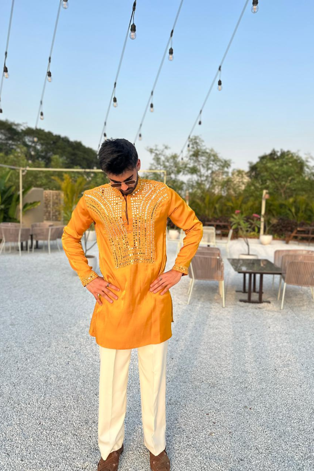 Mustard Yellow Kurta With Intricate Mirror Work For Men.